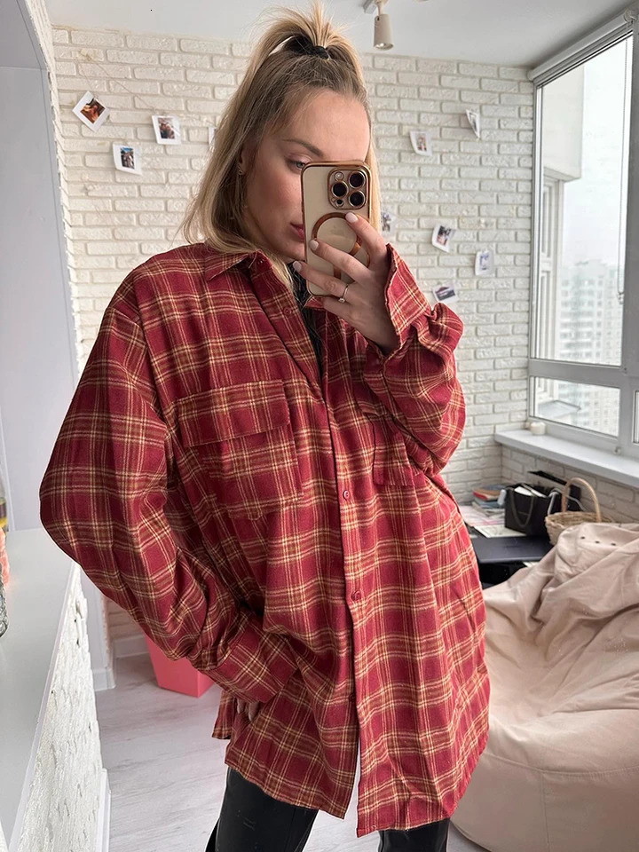 Mnealways18 Street Style Red Checkered Shirt Womens Irregular Long Sleeve Oversized Top Autumn Loose Ginkgo Top Trend 241115