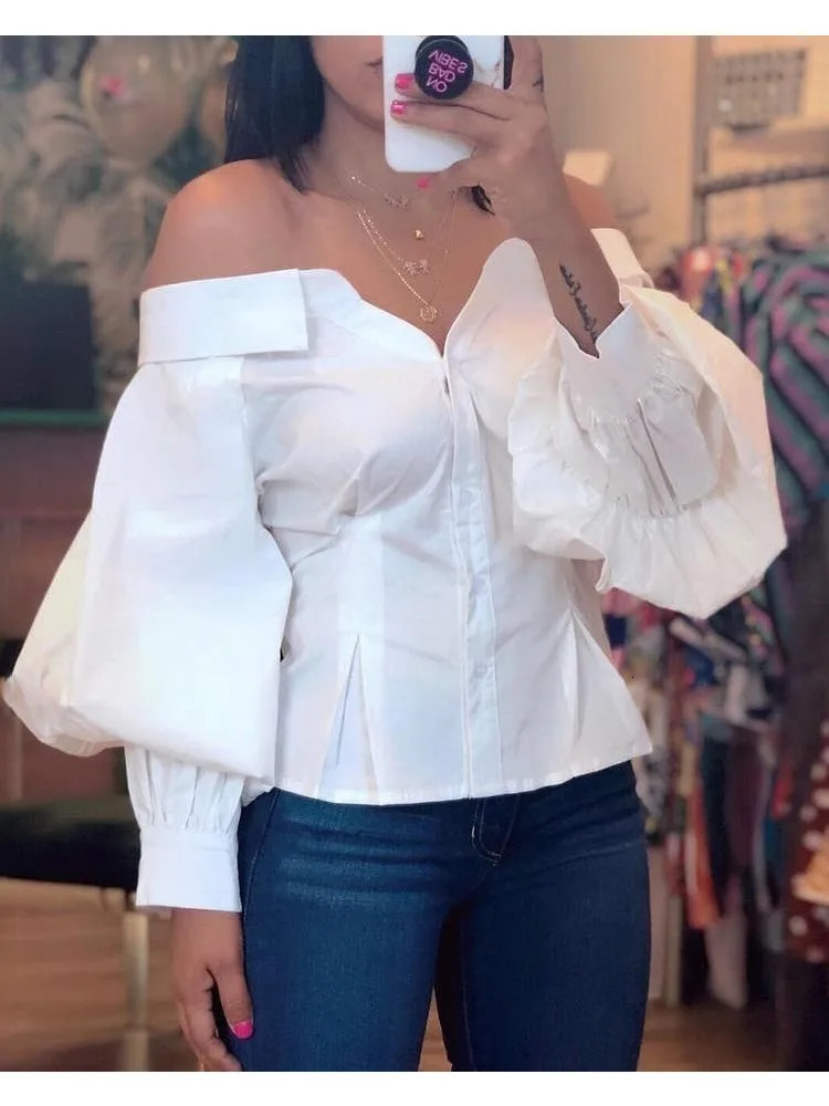 Elegant womens white shirt lantern sleeves shoulders womens top long sleeves pleated womens dress spring 241115