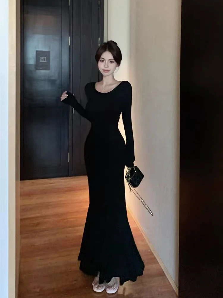 England Oneck Hip Package Woman Dress Trumpet Slim Long Sleeve Elegant Clothes 2024 Solid Summer Female Vestidos Maxi Dresses 240419