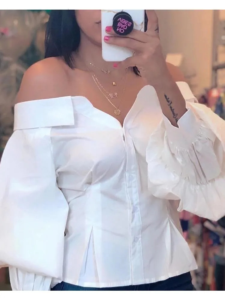 Elegant womens white shirt lantern sleeves shoulders womens top long sleeves pleated womens dress spring 241115