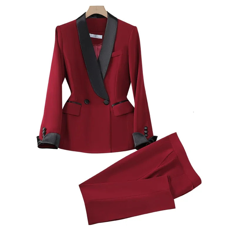 Autumn Winter black and red patch work elegant button jacket top ankle length pants twopiece set Korean office suit 241115
