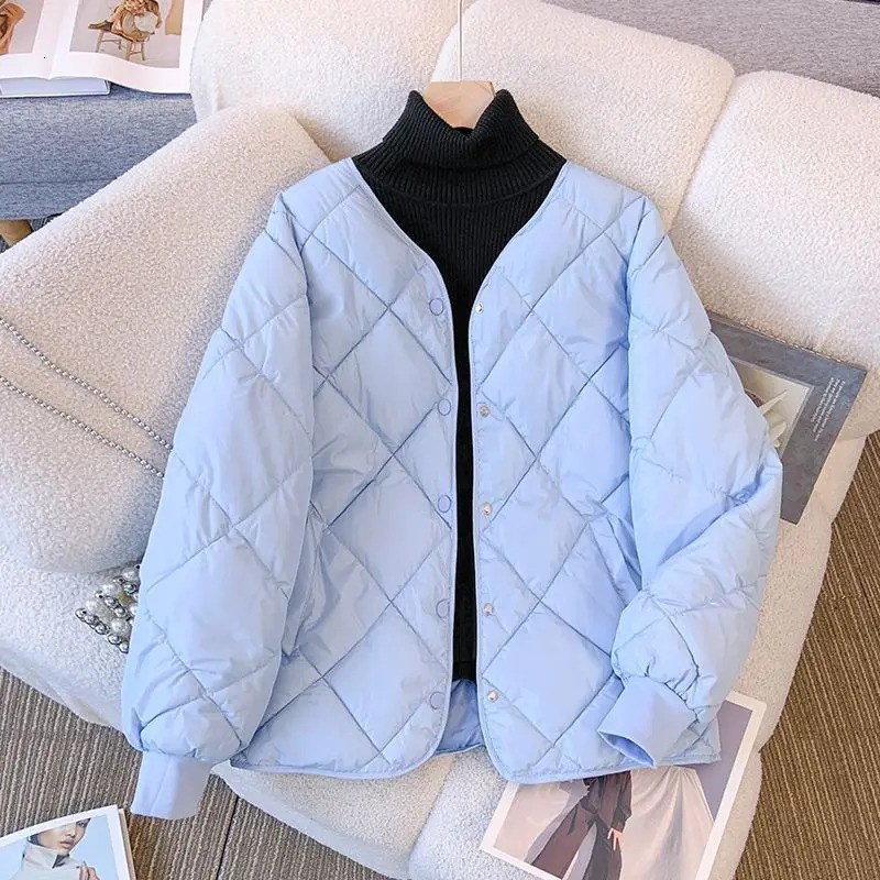 Winter Down CottonPadded Coat Women Diamond Grid Button Puffer Warm Korean Jackets Short Lightweight Commuting 241115