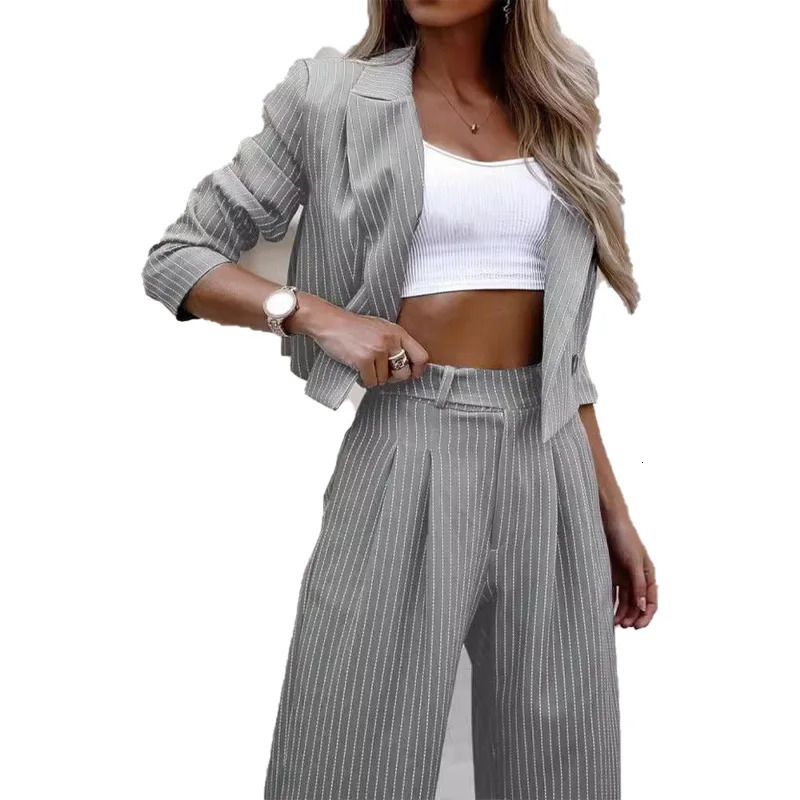 Womens casual striped short lapel set and straight pants Conjuntos Femininos elegant womens matching 241115