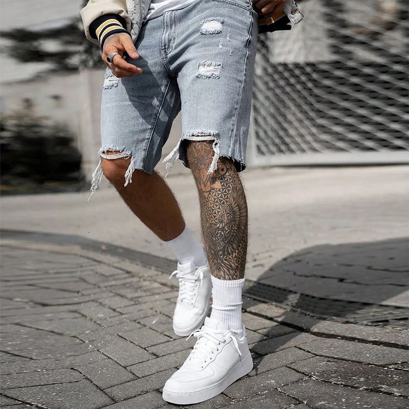 Mens Summer Casual Personality Irregular Foot Denim Shorts Wool Ripped Vintage Street Fifth Jeans 241115