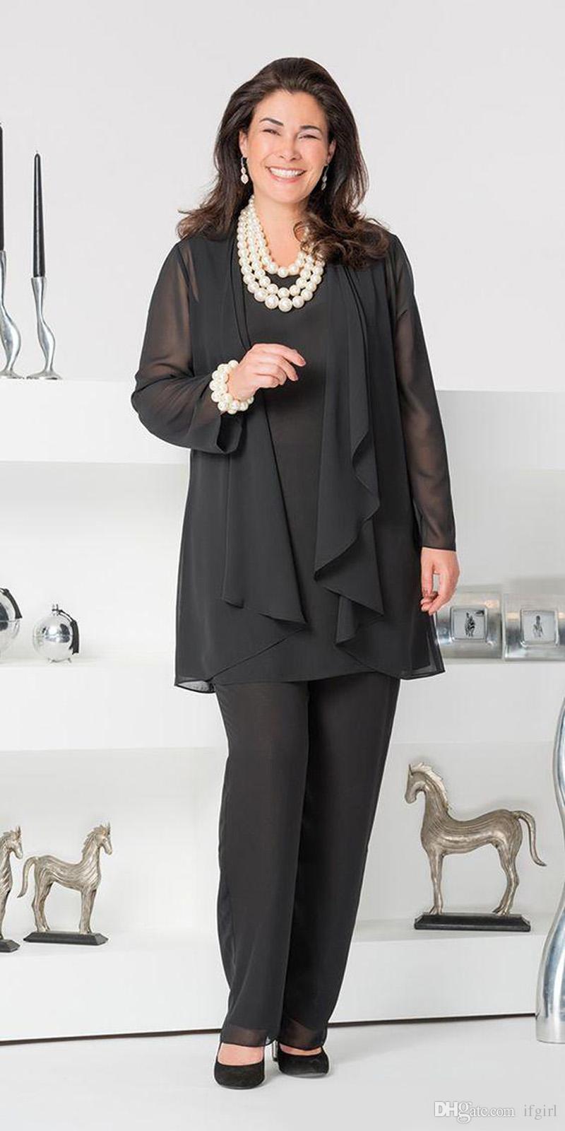 Plus Size Mother of the Bride Pant Suits Dark Navy Three Pieces Chiffon Long Sleeves Jacket Simple Wedding Guest Dress Groom Mom Prom Formal Wear