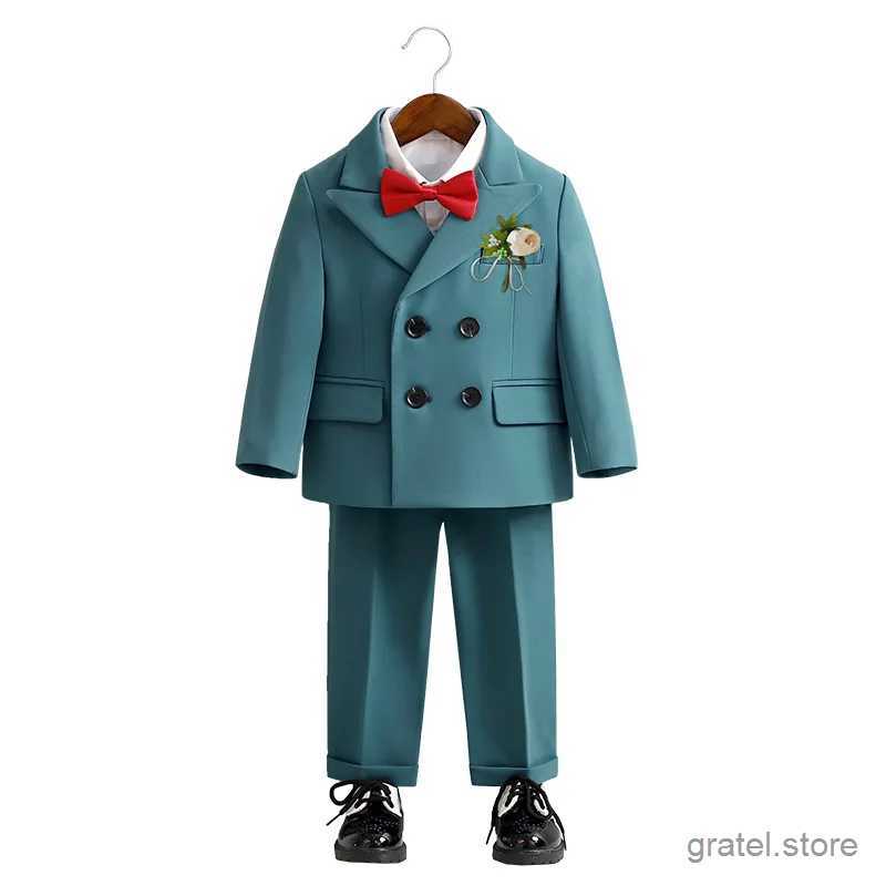 Suits Kids Jacket Vest Pants Bowtie Flower 5PCS Party Photograph Dress Children Birthday Suit Boys Wedding Performance Blazer