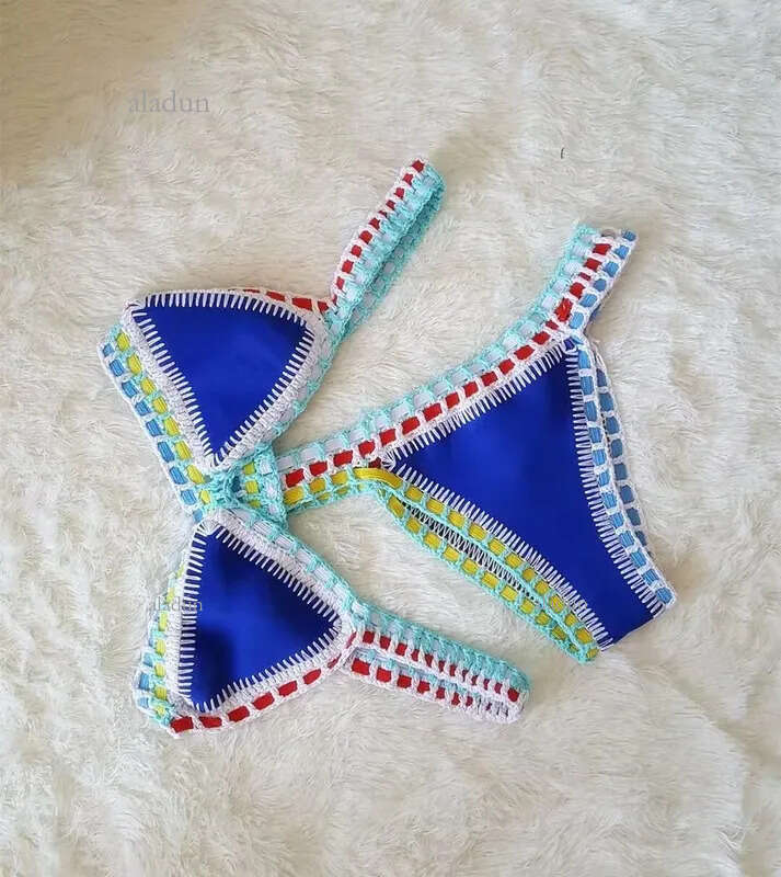 Crochet Swimwear for Female Knitted Swimsuits Neoprene Bikini Beachwear Boho Style Swimsuit Two Pieces Bathng Suits 220408