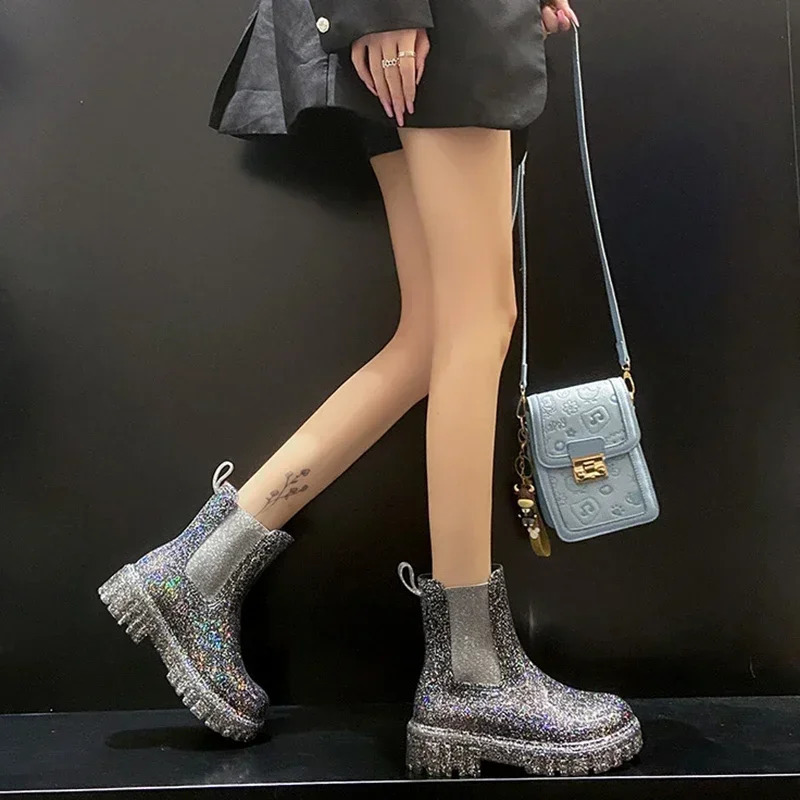 Womens Shiny Color Fashion Rain Boots Four Seasons Wearable Water Shoes Ladies Outdoor Waterproof Midtube Ankle Boots 241115