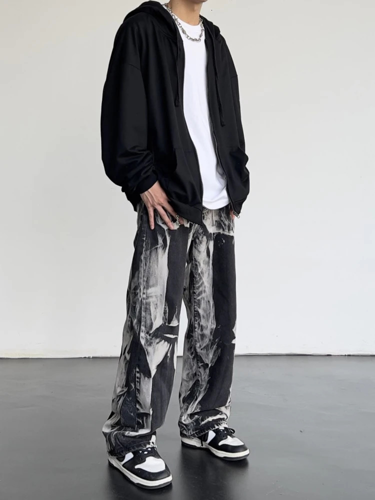 Trousers Hip Hop Chain Male Cowboy Pants Straight Tie Dye Jeans for Men Goth Black Trend 2024 Baggy Oversize Grunge Y2k Washed 241115