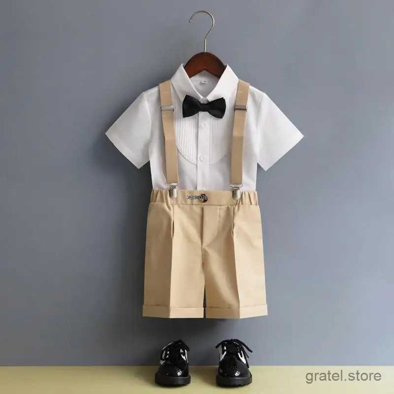 Suits Children Formal Strap Shirt Short Bowtie Clothing Set Kids Summer Photograph Birthday Dress Boys Piano Performance Dance Costume