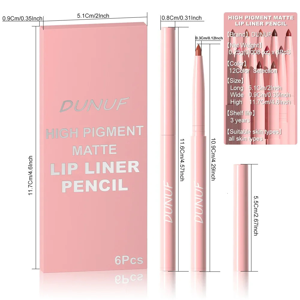 DUNUF 6 Color Lipstick Lip Liner Set Velvet Matte Lip Pencil Waterproof Natural Outline Lip Contour Line Makeup Lipliner Pen 241116