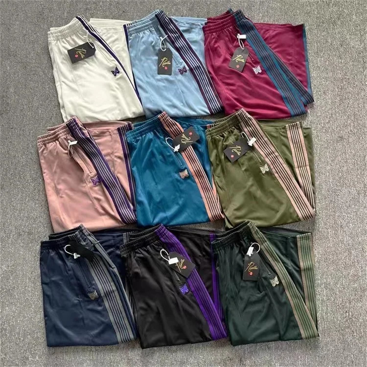 Japan Style Navy Blue Needles Wide Leg Pants Men Women Embroiderey Butterfly Track Pants Drawstring AWGE Sweatpants gym 240412