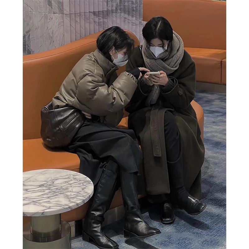 MEXZT Streetwear Short Parka Cropped Pu Leather Cotton Padded Coat Winter Thick Puffer Jacket Korean Warm Down Outwear 241115