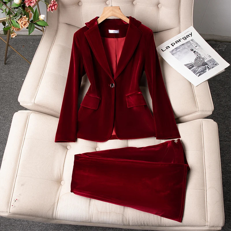 ZJYT Autumn Velvet Jacket Pants Set Two Piece Womens Elegant One Button Trouser Office Work Clothes 241115