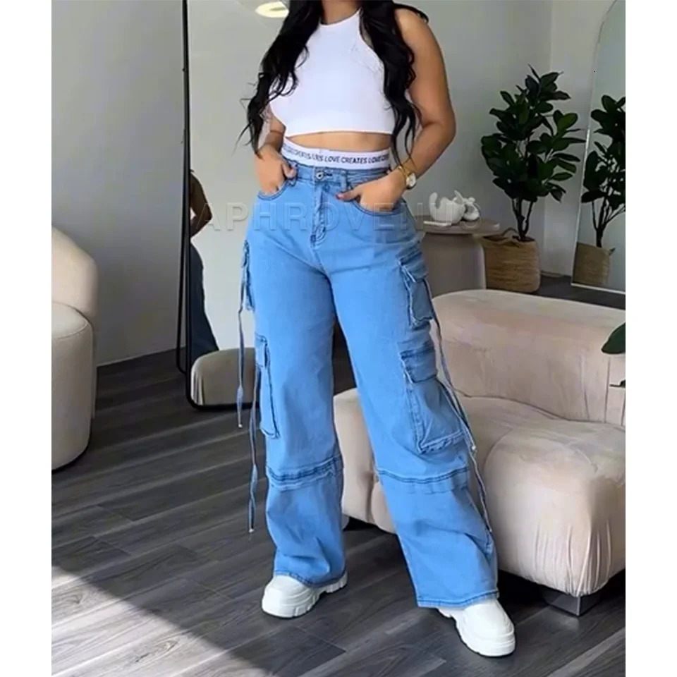 Denim Straight Jeans Wide Leg Women High Waist Loose Pants Y2K Trousers Hiphop Streetwear Colorblocked Design 241108