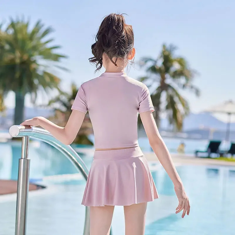 Two Pieces Girls Swimsuit Summer Beach Swimwear Skirt With Underwear Short Sleeve Kids Vacation Clothes For Girl Pink Black 240412