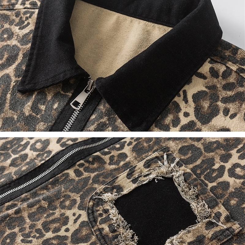 cotton denim fabric spring autumn leopard print zipper womens bomber jacket unisex street casual chic jacket retro Y2K 241115