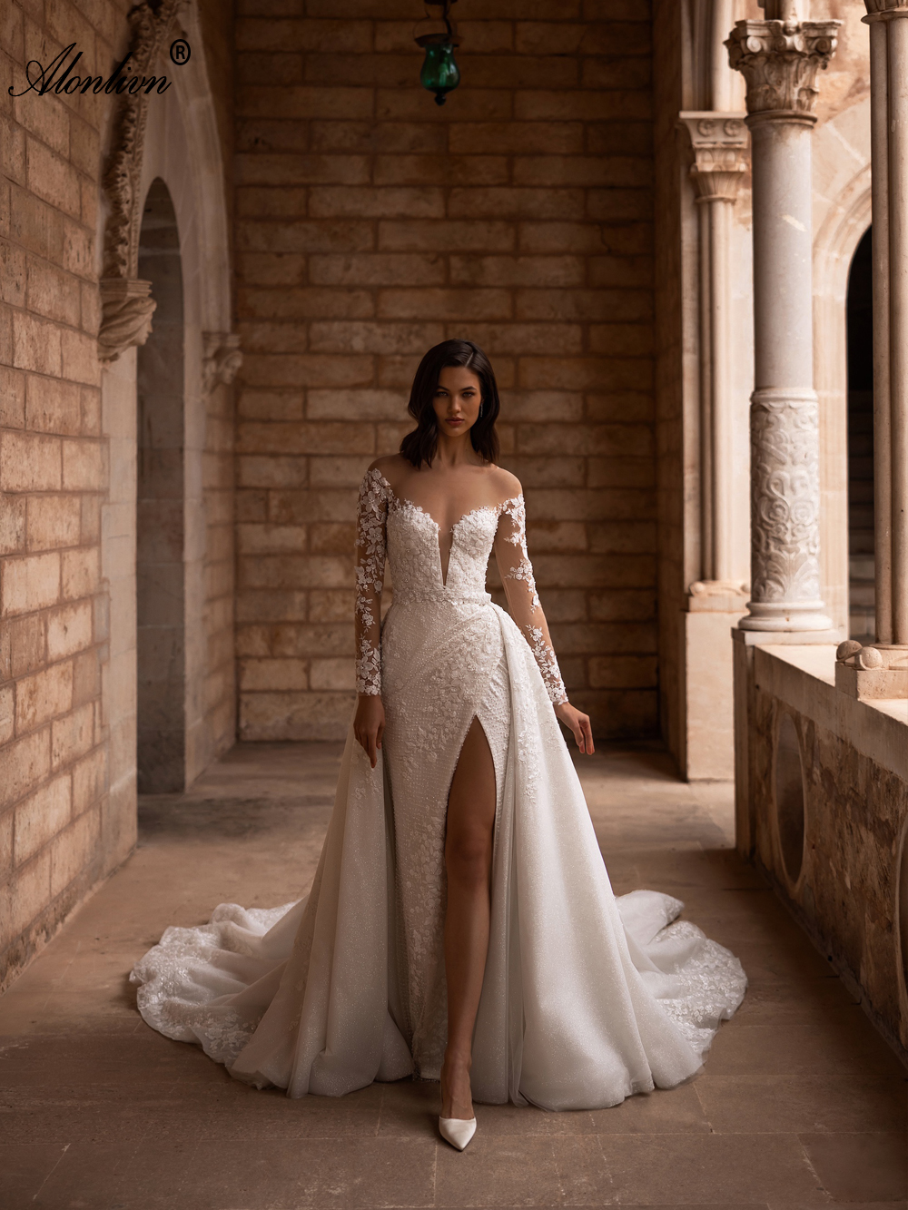 Romance Beading Lace Sheer Neck 2 In 1 Mermaid Wedding Dress With Removable train Full Sleeves Trumpet Bridal Gowns With Floral Prints