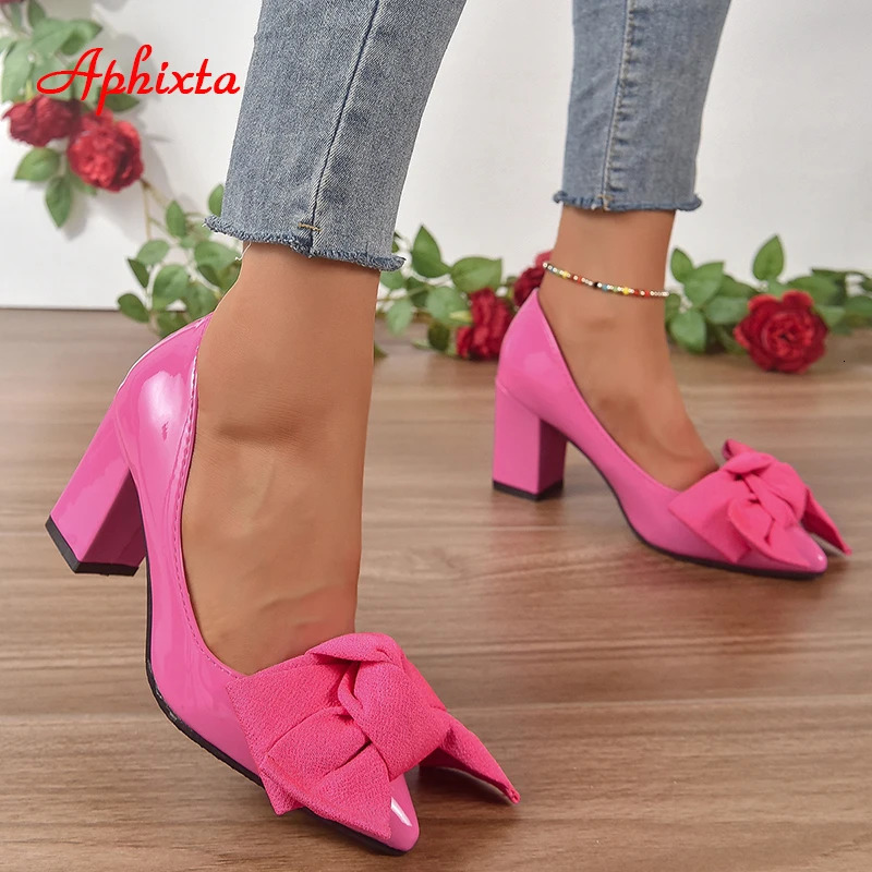 Aphixta Large Bow 7cm Thick High Heel Pump Womens Shoes Pointed Toes Baby Pink Flower Pump Super Plus Size 50 241115