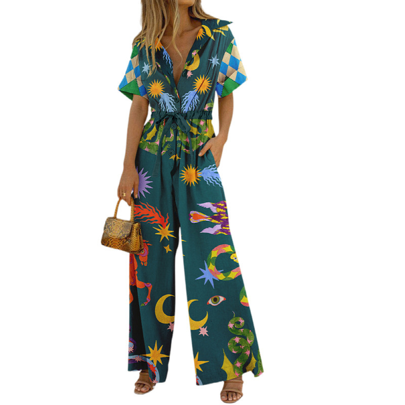 Street Style Womens Printed Cotton Pants Jumpsuit High Waist Casual 240416