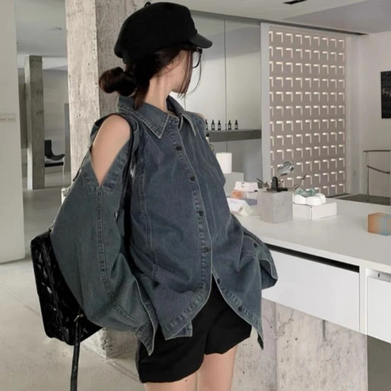 Retro shoulder denim shirt for women fashion single chest mid length jacket for womens streetwear long sleeved pocket top 241115
