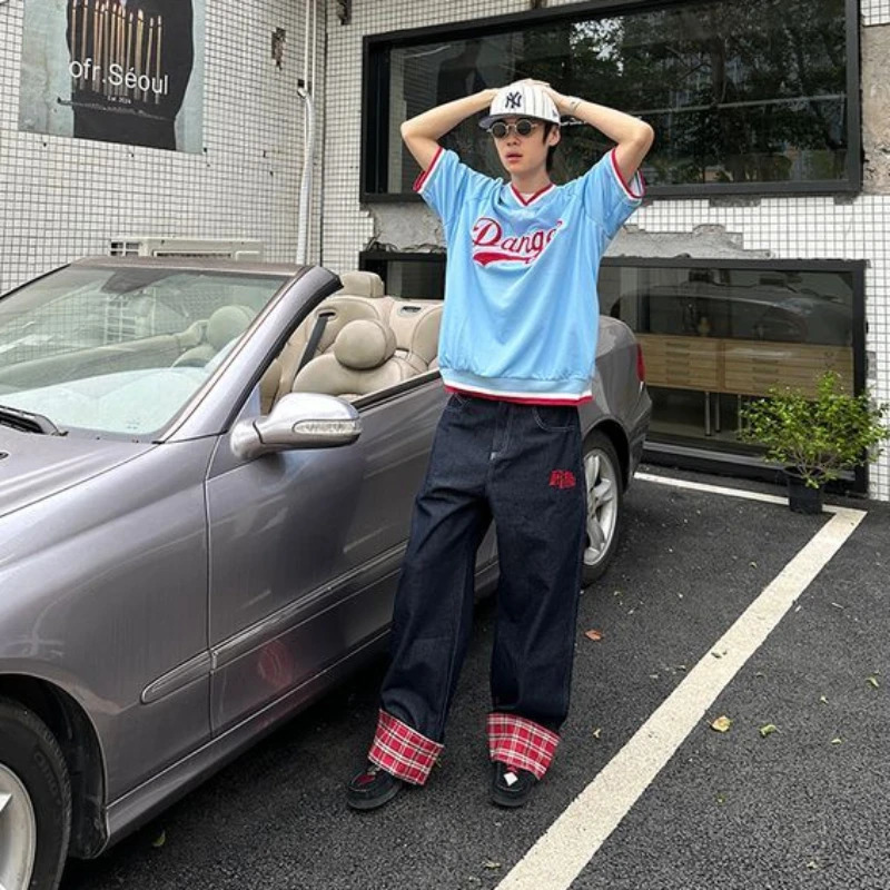 American retro plaid patchwork rolled edge women jeans high street Harajuku loose wide leg straight men and pants 241115