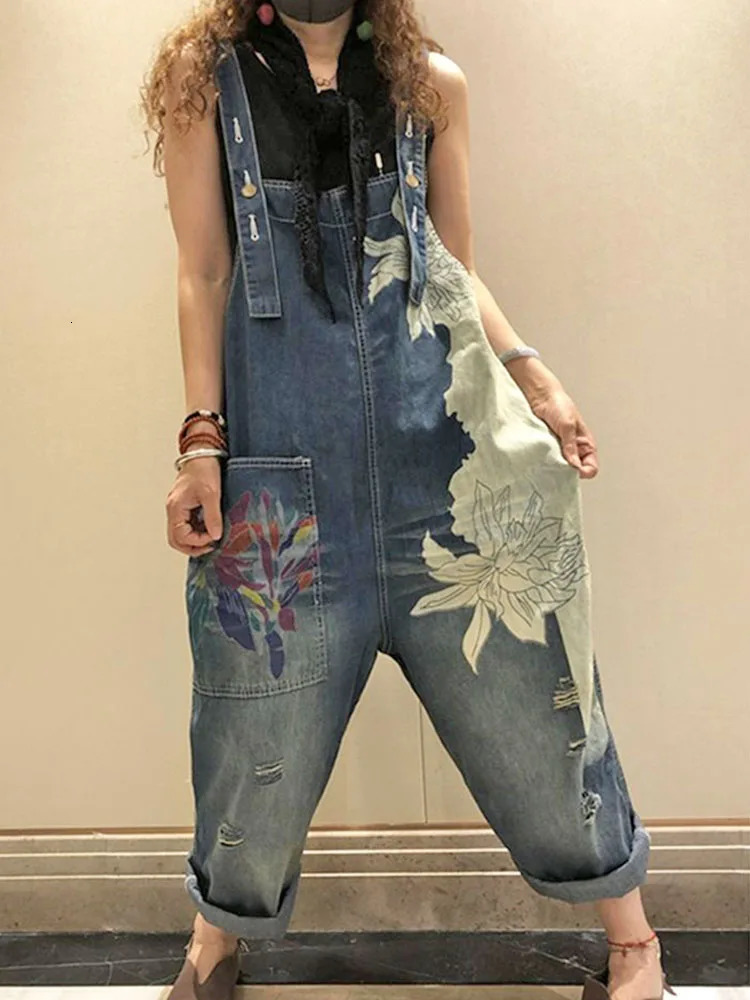 2023 Korean Females Fashion Overalls Ladies Spring Printed Denim Harem Pants Vintage Casual Jeans Loose Trousers 241108