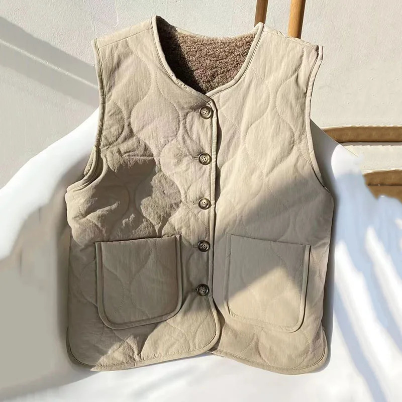 Fashion cotton vest womens cashmere warm jacket winter item large pocket loose sleeveless vest womens casual womens top 241111