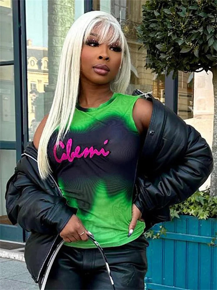 Simenual Fairy Grunge tie dye printed sleeveless vest top sexy mesh see through crop top womens club vest Y2K ultra-thin clothing 241111