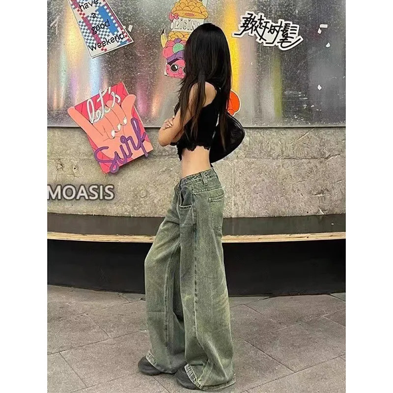 Blue Womens Jeans Hiphop Fashion Vintage Streetwear Y2K Wide Leg Straight Jean High Waist Trouser Classic Baggy Denim Pants 241115