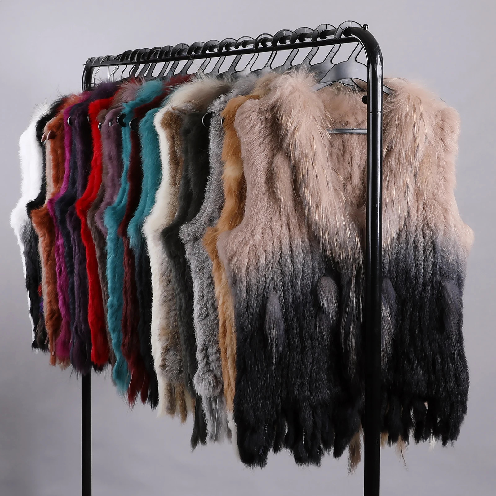 Womens Genuine Premium Long Hair Rabbit Fur Knit Vest Raccoon Trim Gilet Lady Sleeveless Waistcoat Real Jacket 241116