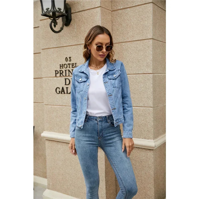 womens short denim jacket fashionable womens casual long sleeved lapel solid button pocket ultra-thin denim jacket autumn and winter coat 241115