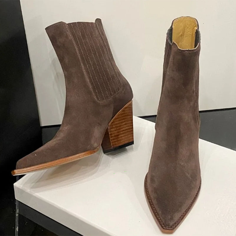French frosted short boots for women's slim boots 2024 new foreign trade autumn and winter thick single boots retro pointed western boots