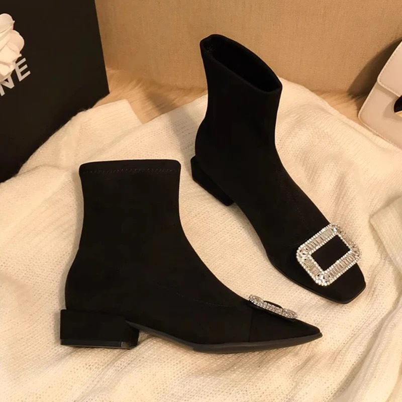 Square toed womens ankle boots crystal suede mid boots er winter Chelsea boots 2024 fashionable walking womens bench 241115