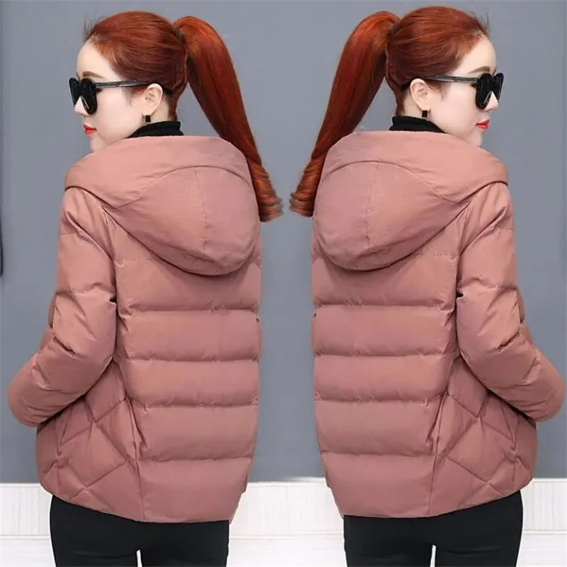 Short Hooded Cotton Jacket Women Parka Coats Autumn Winter Windproof Warm Outwear Solid color Padded 4XL 5XL Zip 241108