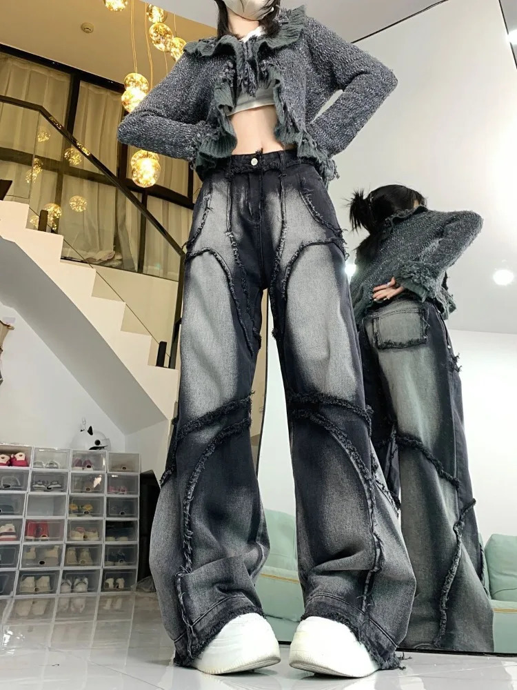 HOUZHOU Y2K Wide Leg Jean Hip Hop Style Fashion Vintage Streetwear Black High Waist Female Trouser Baggy Denim Pants 241108