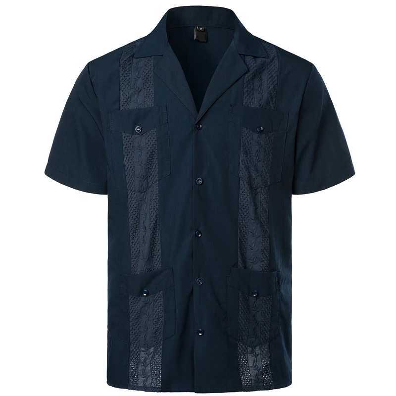 Men's Casual Shirts Embroidery Floral Patchwork for Men Multi-Pocket Mens Short Sleeve Shirt Cuban Camp Guayabera Ethnic Clothing 240417