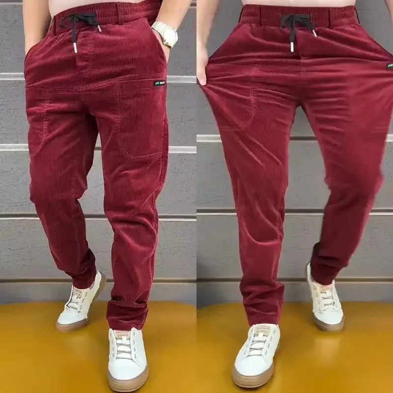 Corduroy Cargo Trousers Mens Simple Loose Retro Casual Elastic Work Splicing Multi Pocket Rib Leg Running Pants 241115