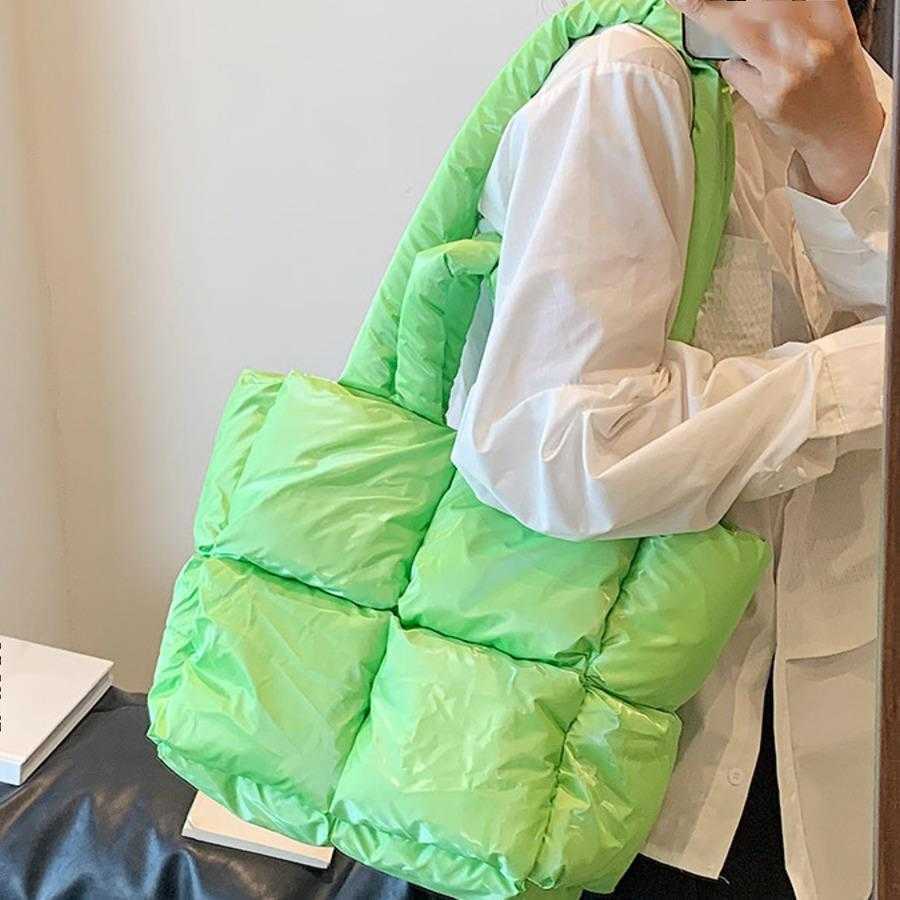 Down Bag WoMens Fashion Shoulder Bag Large Capacity Tote Bag High-end Feel Shiny Surface Handbag Simple Grid Cotton Jacket Bag 241104