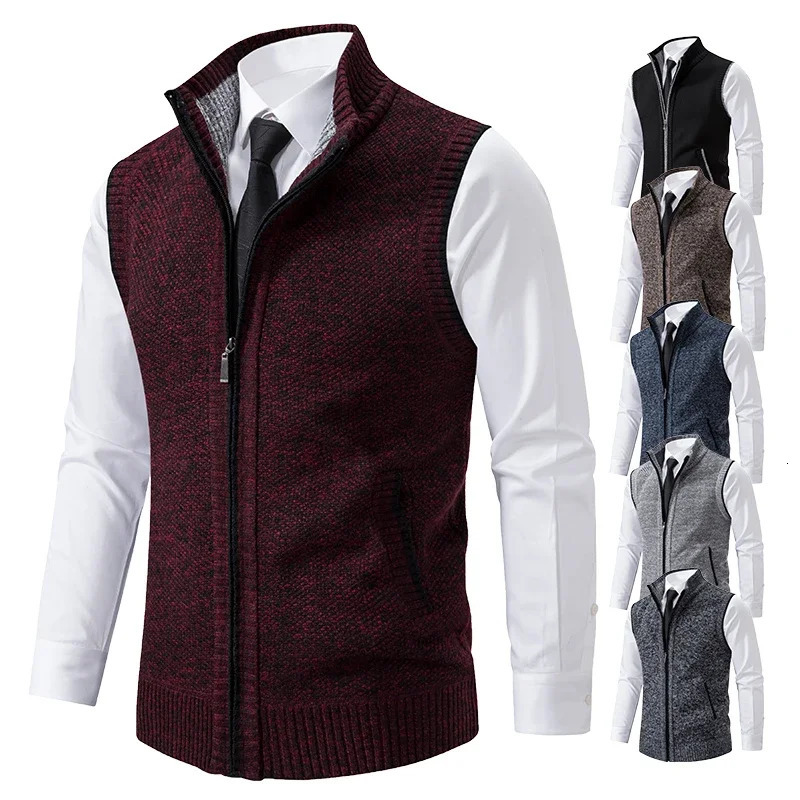Vest Men Knitted Sleeveless Sweater Jacket Wool Velvet Zipper Cardigan Turndown Pullovers Turtleneck Sweatercoat Knit Waistcoat 241115