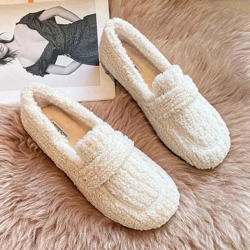 Plus size 34-43 womens wool shoes winter warm cotton Loafers womens Lambswool Moccasins sliding on round toe womens sheepskin apartment 241115