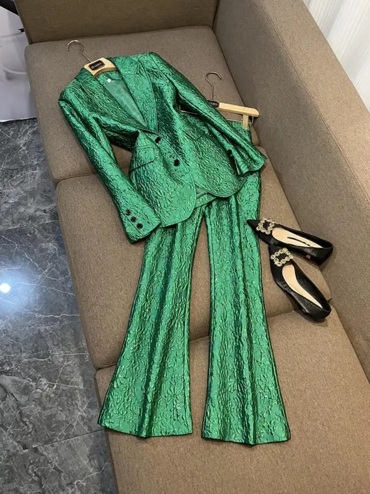 Green 3D sports jacket set performance stage classic jacquard embroidery pattern pants holiday womens clothing 241115