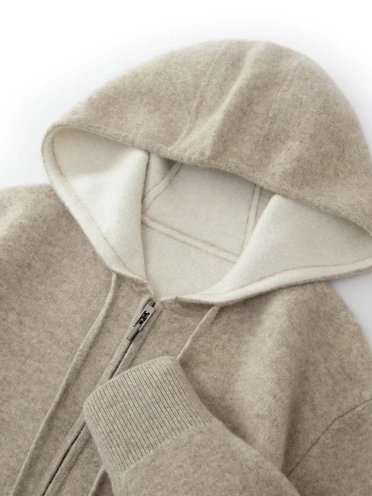 High quality autumn mens hooded cashmere sweater with long sleeves casual and loose drawstring 100% Merino wool knitted Korean version top 241115