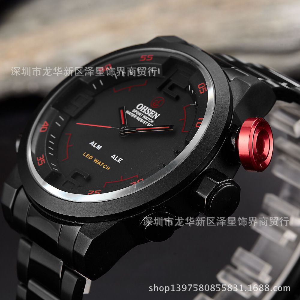 Trendy Men's Fashion Luminous LED Dual Movement Double Display Three Hands Quartz Men's Watch Thickness 15mm Dial Diameter 46mm Quality Fine