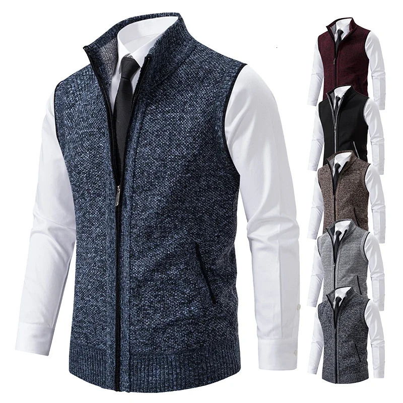 Vest Men Knitted Sleeveless Sweater Jacket Wool Velvet Zipper Cardigan Turndown Pullovers Turtleneck Sweatercoat Knit Waistcoat 241115