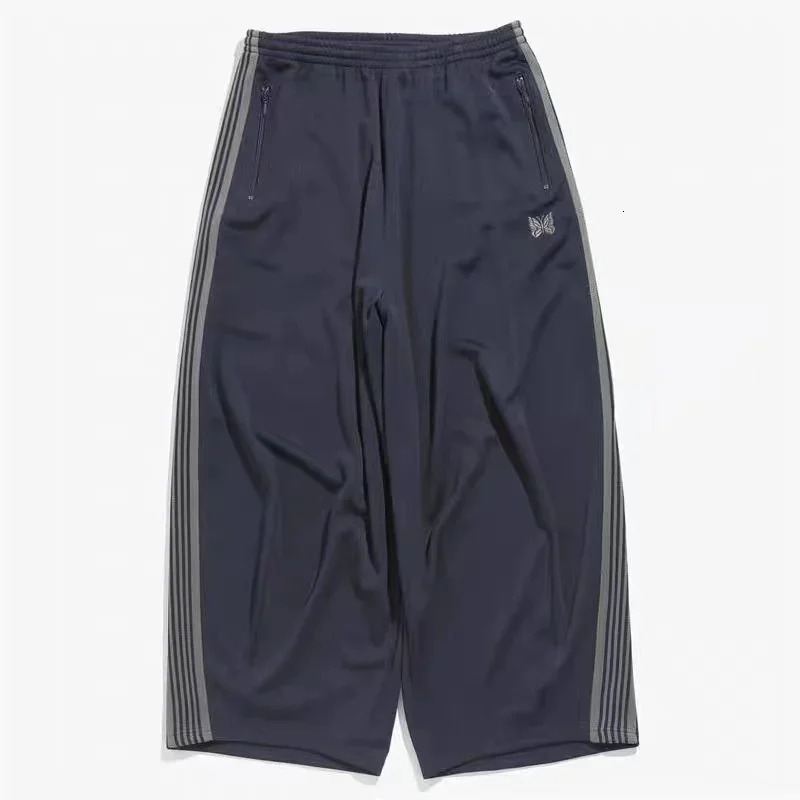 Japan Style Navy Blue Needles Wide Leg Pants Men Women Embroiderey Butterfly Track Pants Drawstring AWGE Sweatpants gym 240412