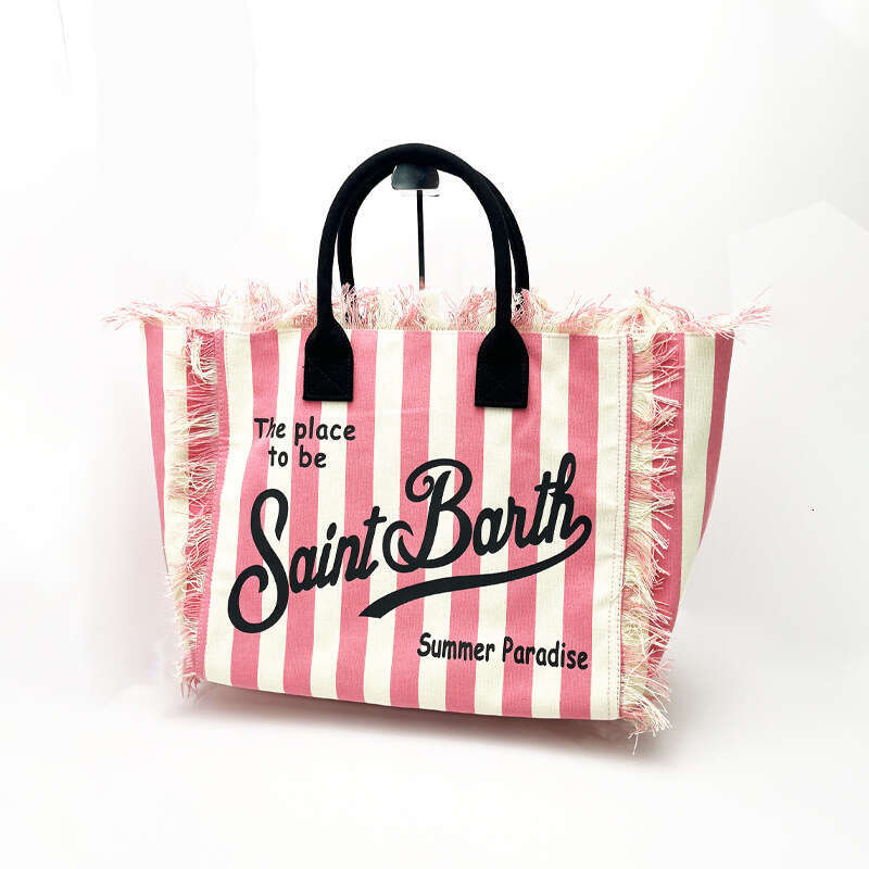 Saint Barth Bag: Women's Large Canvas hot Stripe Tote, Tote Bags for Women, Leisure Tourism Handbag with Handmade Tassels