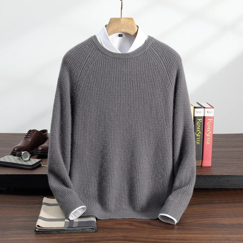 100% pure cashmere sweater mens knitted round neck with floral pattern autumn thick long sleeved solid color clothing 241115
