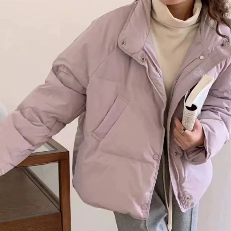 Lucyever Womens CottonPadded Jacket Korean Casual Solid Stand Collar Short Parkas Ladies Winter Warm Puffer Bread Cotton Coat 241115