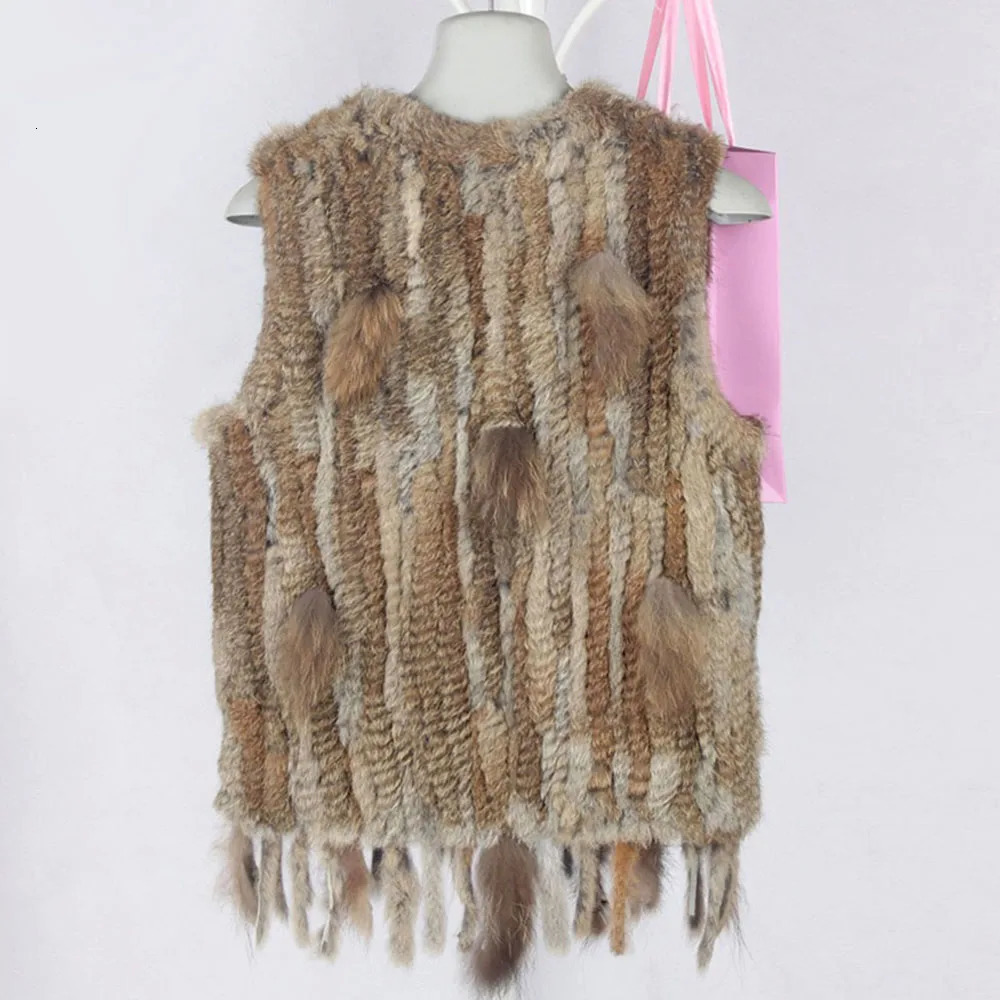 Wholesale Women Genuine Rabbit Fur Vest Fashion Tassels Knitted Waistcoat Winter Lady Warm Natural Sleeveless Coat 241108
